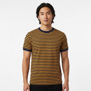 เสื้อยืดแขนสั้นคอกลมลายทางสำหรับผู้ชาย ทรงปกติ สวมใส่สบาย สีกรมท่า-เหลือง - Product Image 3