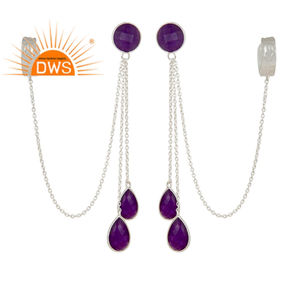 Handmade Solid 925 Sterling <b>Silver</b> Blue Aventurine Chain <b>Ear</b> <b>Cuff</b> Earrings for Women Jewelry Wholesaler Classic Collection - Product Image 4