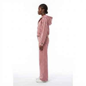 Ensemble survêtement femme : sweat à capuche court et pantalon de jogging long 100 % coton, coupe ample, fermeture éclair intégrale, style décontracté - Product Image 4