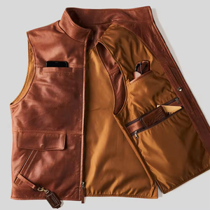Chaleco de Cuero al por Mayor, Prenda Exterior Transpirable sin Mangas, Chaleco de Cuero para Hombre con Múltiples Bolsillos en Venta, Chaleco de Cuero Casual Más Vendido - Product Image 3