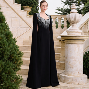Robe maxi élégante à manches cape |   Robe de soirée longue de luxe |   Robe de invitée de mariage modeste avec cape fluide - Product Image 3