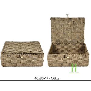 Durable Seagrass Storage Box with Lid Hand-woven Rectangular <b>Wicker</b> Basket Braided Natural Grass Organizer <b>Bin</b> for Multi-purpose - Product Image 3