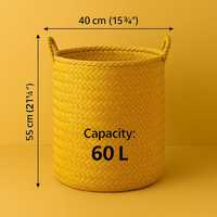 Panier à linge en rotin jaune naturel tissé à la main, organisateur de rangement |   Rangement de vêtements rustique en fibres végétales écologiques