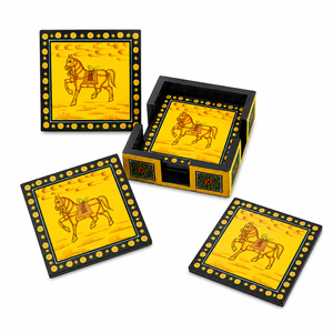 Ensemble de dessous-de-verre en bois peint à la main avec support |   Design traditionnel indien de cheval - Product Image 2