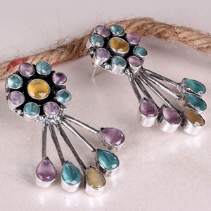 Boucles d'oreilles pendantes tendance en laiton oxydé avec pierre œil-de-chat colorée, motif floral rond, bijoux pour femme, cadeau, vente en gros - Product Image 4