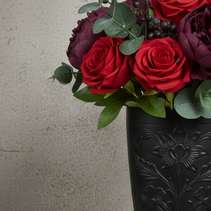 Luxury Embossed <b>Matte</b> Black Metal Flower Vase Elegant Floral Pattern Handcrafted Home Decor <b>Table</b> Centerpiece Single Unit - Product Image 2