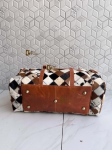 Hottest Arrival Cowhide Fur <b>Leather</b> Luggage <b>Bags</b> Checks Design Handmade <b>Bag</b> Unisex Travel <b>Bag</b> Multi Uses Big Size Duffel <b>Bag</b> - Product Image 4