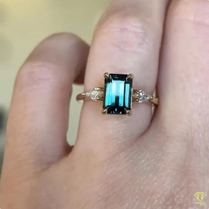 <b>Emerald</b> Cut Black Moissanite Three Stone Vintage Engagement <b>Ring</b> in 925 Sterling <b>Silver</b> with Pear Side Stones Rhodium Plated - Product Image 2