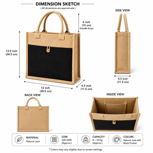 Jute Shopping <b>Bag</b> <b>Medium</b> <b>Size</b> Button Closure Hand Carry Daily Use Black Panel Design - Product Image 2