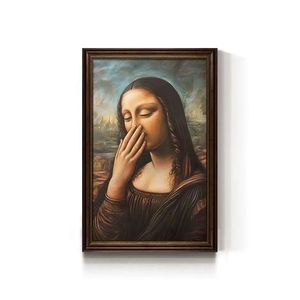 有名な絵画のクリエイティブパロディー面白いキャンバスウォールアートモナリザカップ付きキッチンカフェバー壁装飾 - Product Image 1