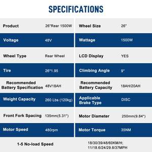 Kit de Bicicleta Eléctrica de 26 Pulgadas y 1500W con Neumáticos Negros, Piezas de Modificación para Bicicleta - Product Image 5