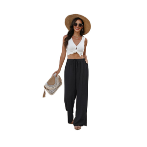 HS Wide Leg <b>Pants</b> for Women Flowy Palazzo Drawstring Elastic Waist Trousers with Pockets <b>Summer</b> Beach Vacation Clothes - Product Image 5