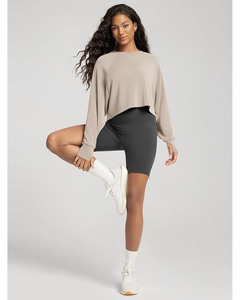 Sudadera de invierno de tela no tejida suave de manga larga con orificio para el pulgar para mujer, cuello redondo, top corto con logo frontal - Product Image 2