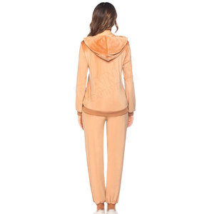 Survêtement en velours orange pour femme, coupe régulière, avec capuche, fermeture éclair sur le devant, poches latérales, décontracté, pour l'automne - Product Image 2
