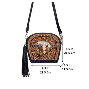 Sac à bandoulière en cuir de vachette fait main de style vintage, bohème, dernier cri, design occidental, couleur noire - Product Image 2