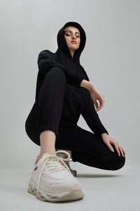 100% Cotton Custom Women Black Hoodie Jogger <b>Set</b> Casual Fleece Two Piece Sweatsuit OEM Supplier Manufacture - Product Image 3