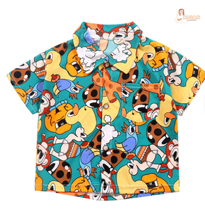 เสื้อเชิ้ตลำลองแขนสั้นพิมพ์ลายการ์ตูนสำหรับเด็กผู้ชาย ปกคอพับมีกระเป๋า ผ้าทอ ทรงปกติ ใส่ได้ในฤดูร้อน - Product Image 1