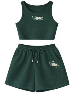 Ensemble décontracté deux pièces pour femme : débardeur court côtelé et short à cordon de serrage, broderie florale vert foncé, personnalisable OEM - Product Image 1