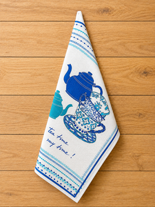 Blue & White Teapot Printed Kitchen Tea <b>Towel</b> | Vintage Tea Time Design Dish <b>Towel</b> | Decorative Linen Kitchen <b>Hand</b> <b>Towel</b> - Product Image 4