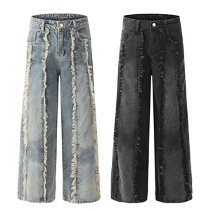 Pantalones Vaqueros Rectos Desgastados con Flecos Verticales Estilo Vintage para Hombre, Jeans Holgados Lavados Estilo Y2K, Ropa Urbana con Logotipo Personalizado - Product Image 1
