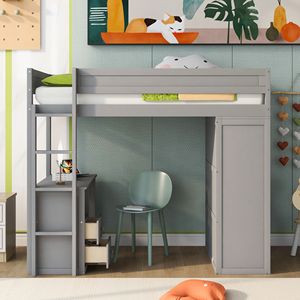 Letto a soppalco grigio singolo con armadi e scrivania a 2 cassetti con mobiletto, letto in legno per bambini con funzioni di archiviazione - Product Image 3