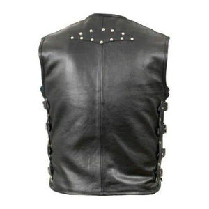 Gilet moto en cuir véritable pour homme avec rivets décoratifs, fermeture à ceinture, sans col, couleur unie, vêtement d'extérieur d'automne, gilet en cuir en gros - Product Image 1