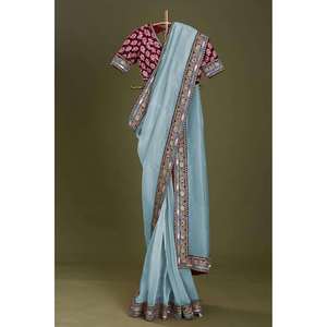 DESIGNER TABBY <b>ORGANZA</b> <b>SILK</b> EMBROIDERY SEQUENCE WORK LACE BORDER SAREE WITH UNSTTICHED BLOUSE - Product Image 1