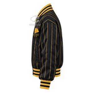 Chaqueta Bomber NCBW para Mujer, Negra con Rayas Doradas, Satinada, Estilo Universitario, con Letras Griegas Bordadas, Cierre de Cremallera, Cuello y Puños de Punto Acanalado - Product Image 3