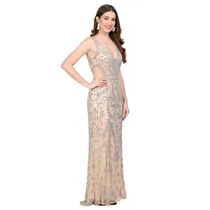 Glamorous Nude Beige Thigh Slit <b>Prom</b> Gown - Luxury <b>Silver</b> Beads Sleeveless Cutout Mermaid Evening <b>Dress</b> - High-End Cocktail Part - Product Image 3