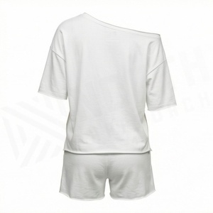 Women's <b>2</b> <b>Piece</b> Knitted Cotton Shorts <b>Set</b> Asymmetrical Neck Short Sleeve Loose Fit Solid <b>White</b> Casual Spring Summer Wear - Product Image 2