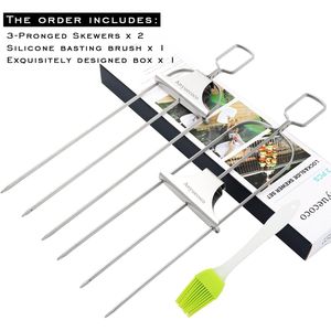 2 Brochetas de Acero Inoxidable de 14 Pulgadas y 3 Vías con Barra de Empuje, Herramientas Reutilizables de Metal para Asar a la Parrilla - Product Image 1