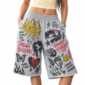 Streetwear Printed <b>Bermuda</b> <b>Shorts</b> <b>Women</b> Gray Elastic Waist Loose Fit Cotton <b>Shorts</b> With Pockets And Hand Drawn Art Design - Product Image 1