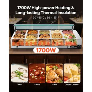Scaldavivande Elettrico Commerciale 1700W in Acciaio Inox con 10 Vasche, Buffet da Banco con Coperchio in Vetro e Controllo Manuale della Temperatura - Product Image 2