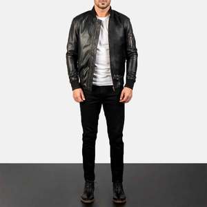 Trex Export Men's Black Leather Bomber <b>Jacket</b> Stand Collar <b>Zipper</b> Closure Moto Biker Style Autumn Wear - Product Image 3