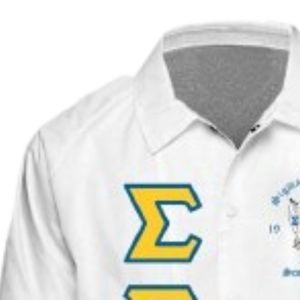 White Women's Long Sleeve Button Down <b>Dress</b> Shirt with Gold and Blue Embroidered Greek Letters Sorority Formal Apparel - Product Image 4