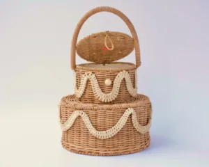 Creative Cake Shaped Rattan Picnic <b>Basket</b> Two Tier Handwoven <b>Wicker</b> <b>Storage</b> Hamper with Lid High Handle Birthday Gift Party Case - Product Image 2