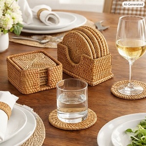 Top Selling Handwoven Eco-Friendly Rattan Coasters Set Storage Box Square Shape Wabi-Sabi Style <b>Table</b> Mats Pads Kitchen - Product Image 2