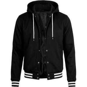 <b>Men's</b> Black <b>White</b> Varsity <b>Jacket</b> Hooded Button Closure Fleece Lining Casual Autumn Wear Regular Fit - Product Image 6