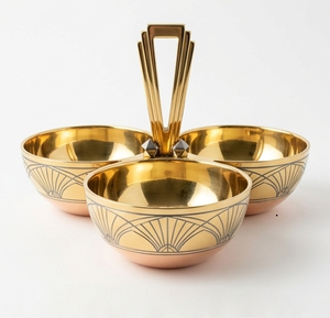 Art Deco Engraved Gold <b>Metal</b> 3 <b>Bowl</b> Serving Dish Set with Stand Direct From Indian Supplier - Product Image 1
