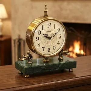 Brass Desk <b>Clock</b> Circular Contemporary Design Silent Quartz Movement <b>Battery</b> Operated Needle Display Green Marble Base Snooze - Product Image 1