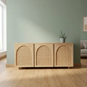 Buffet vintage en bois récupéré avec trois portes en rotin tressé à la main, finition naturelle, meubles rustiques - Product Image 4