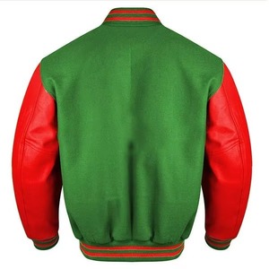 Veste de sport verte pour homme, manches en PU rouge, col rabattu, fermeture à boutons, vêtement décontracté d'automne, coupe classique, couleur unie - Product Image 2
