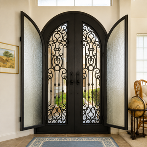Portes en fer forgé modernes, portes d'entrée extérieures personnalisées à double battant avec verre, portes de sécurité de luxe pour villas et maisons résidentielles - Product Image 2