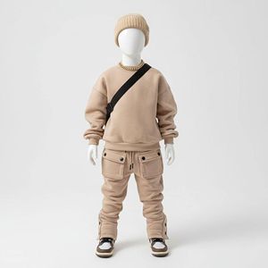 Ensemble de survêtement 2 pièces pour enfants, style cargo, délavé à l'acide, haute qualité, avec pantalon de survêtement chaud et ensembles tricotés en coton, personnalisable - Product Image 5