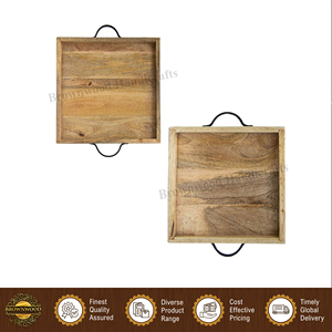 Ensemble de 2 plateaux de service en bois de manguier avec poignées en métal, plateaux en bois sculptés, plateaux décoratifs en bois pour la maison et les restaurants, plateaux de service pour aliments - Product Image 4