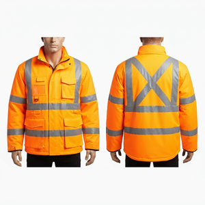 Premium Quality 300 GSM Polyester Canvas <b>Leather</b> Work <b>Jacket</b> Waterproof Breathable Hooded Orange Navy Panels Reflective Custom - Product Image 4