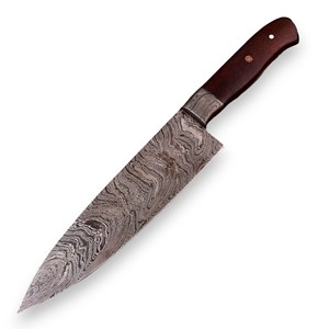 Couteau de Chef de Cuisine Ambidextre en Acier Damas Forgé à Manche Intégral de 8 Pouces avec Embout en Damas et Manche Ergonomique en Bois de Palissandre – Qualité Supérieure - Product Image 1
