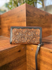 100% Genuine <b>Leather</b> Hand Tooled Wallet & Wristlet Western Wallet Premium Quality Credit Card <b>Phone</b> Wallet Cowhide Women Clutch - Product Image 2