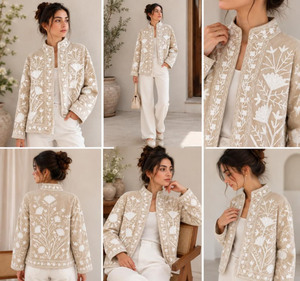 Veste en velours matelassé réversible écologique faite à la main, style Suzani, beige, broderie florale, style bohème, cadeau pour elle - Product Image 6