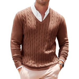 2025 hommes col en V câble tricot à manches longues pull décontracté pull automne hiver côtelé pull torsadé motif décoration Logo - Product Image 2